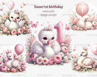 1st birthday Swan Pink pngs, watercolor Swan Sublimation Design, Girl First Birthday Party Decor, Birthday Swan, instant digital download