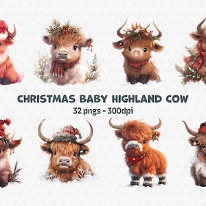 Akwarela Boże Narodzenie mała krowa górska Clipart| Boże Narodzenie| Bay Cow Art na Boże Narodzenie Rzemiosło i Dekoracja| PNG Bundle| Pliki sublimacji