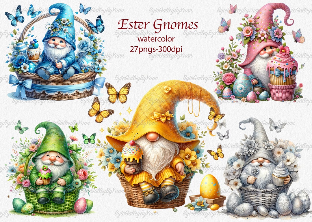 Watercolor Easter Gnome Clipart: Festive Basket PNG Bundle (commercial ...