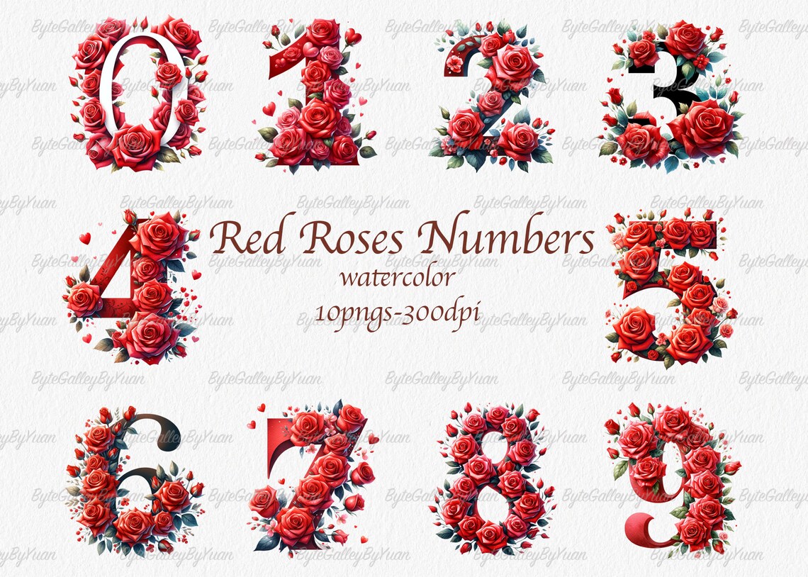 Numbers With Roses Watercolor Red Roses Numbers Clipart: PNG Vector Graphics (digital ...