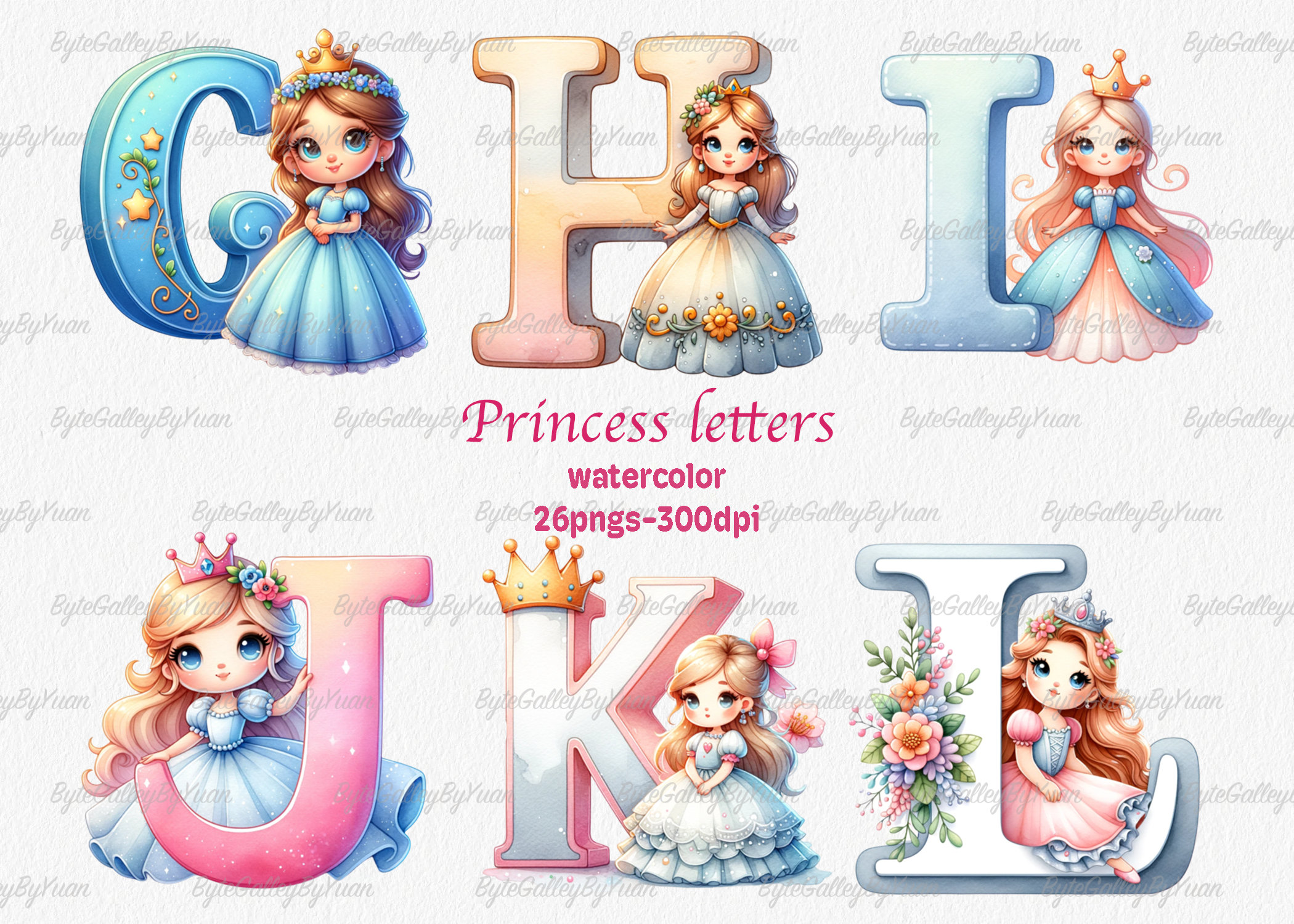 Watercolor Princess Alphabet, Letters Png, Alphabet Png, Cartoon
