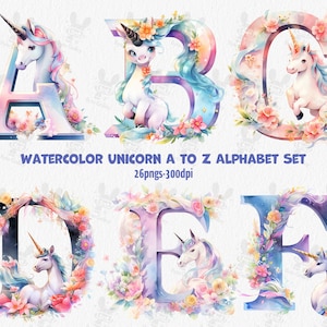 Aquarelle Licorne Alphabet Png, Licorne Clipart, Lettres décoratives, Alphabet Clipart, Sublimation Png, Clipart Bundle, Animal Alphabet