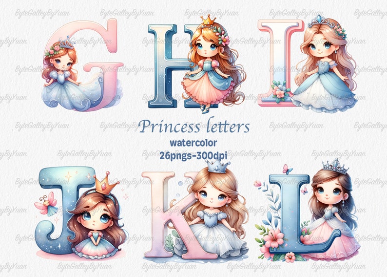 Watercolor Princess Alphabet Clipart: Decorative Letters PNG (digital ...