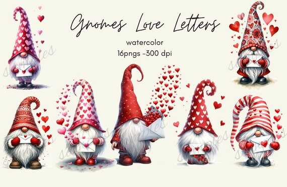 Watercolor Valentine Gnome Clipart: Love Letter PNG Bundle (Digital Download)