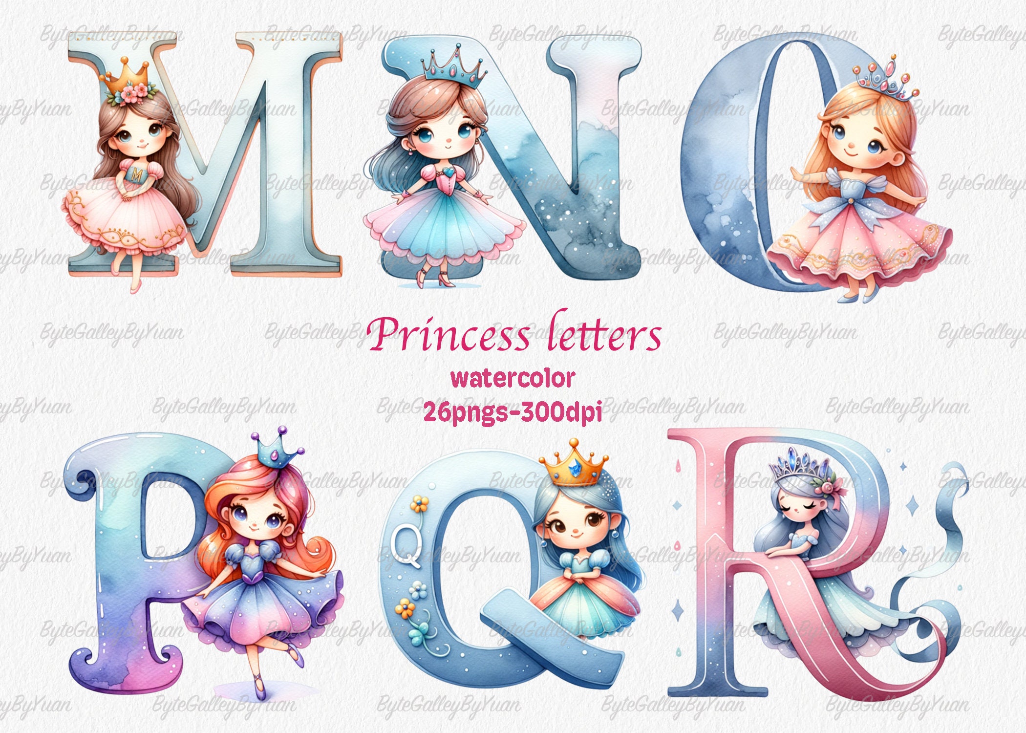 Watercolor Princess Alphabet, Letters Png, Alphabet Png, Cartoon