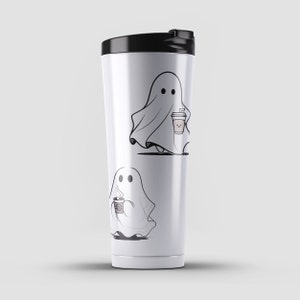 May include: White stainless steel travel mug with a black lid. The mug features two illustrations of ghosts holding coffee cups. One ghost is walking and the other is standing.