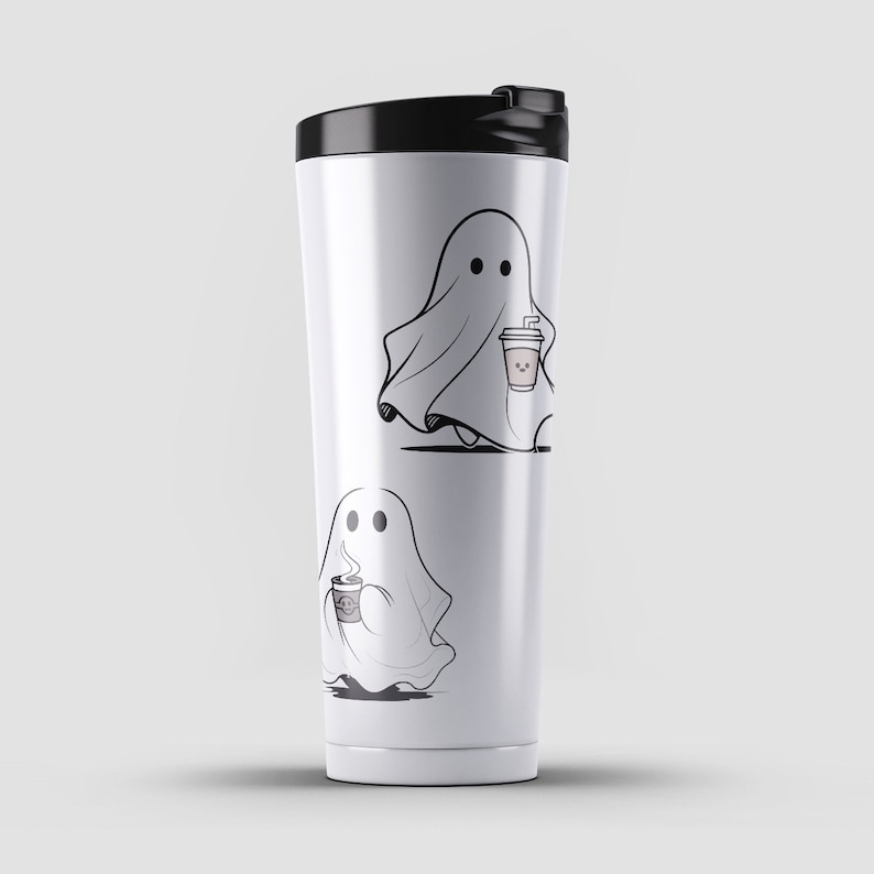 May include: White stainless steel travel mug with a black lid. The mug features two illustrations of ghosts holding coffee cups. One ghost is walking and the other is standing.