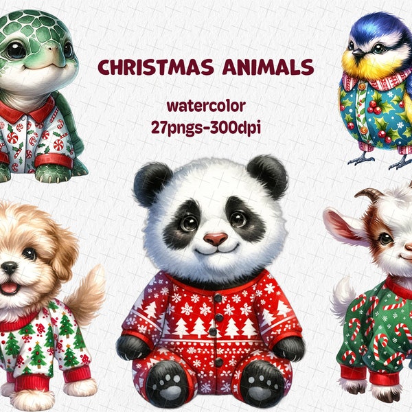 Cute Animals in Christmas Pajamas sublimation, Watercolor Clipart Bundle, Christmas animals, Kawaii animal Portrait, Christmas Clipart, PNG