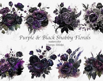 Purple and Black Gothic Vintage Floral Clip Art, digital instant download shabby flower png embellishments, dark floral commercial use