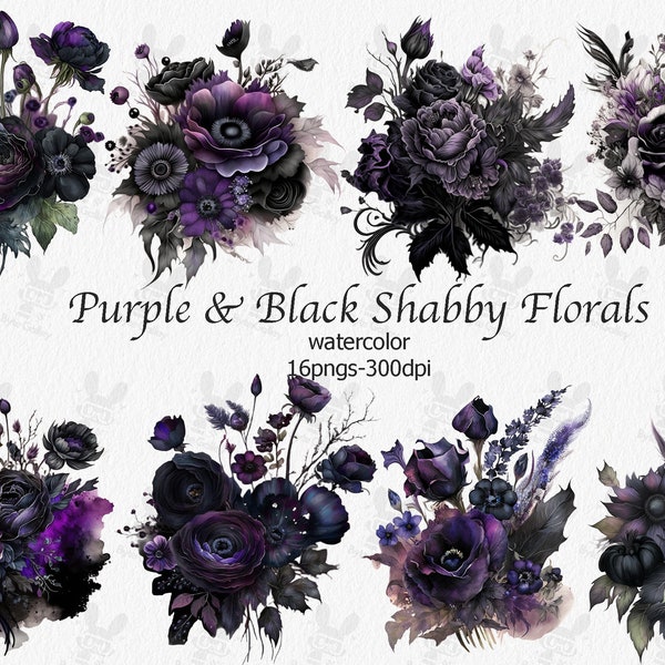 Purple and Black Gothic Vintage Floral Clip Art, digital instant download shabby flower png embellishments, dark floral commercial use