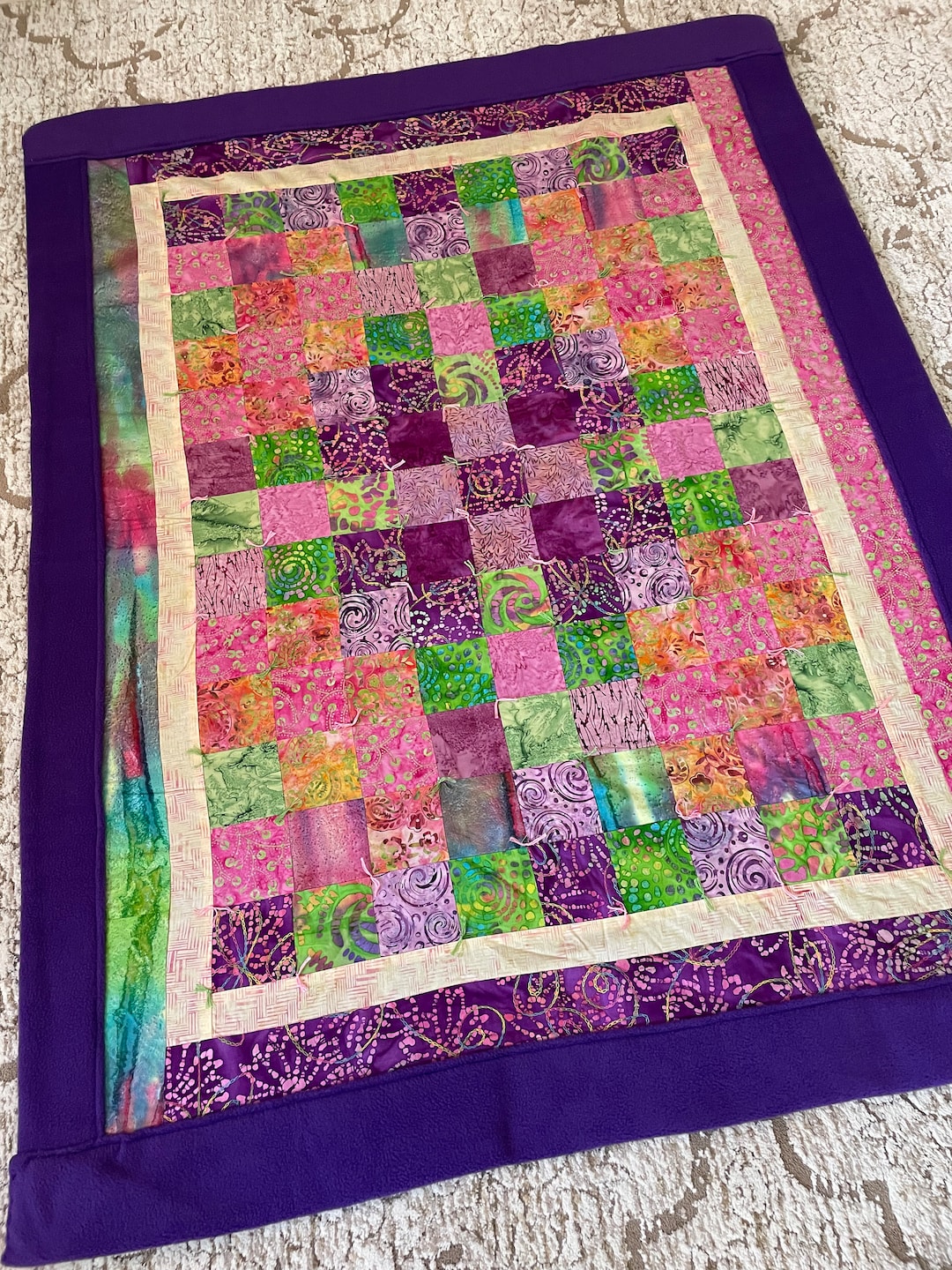 Purple Batik Quilt Backed in High End LUXE and Hand Tied to Maintain ...