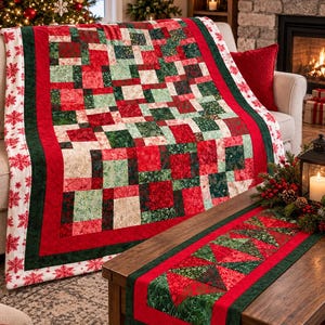 Christmas Batik Quilt 50 x 63, Handmade Throw Quilt with Free Matching Table Runner.