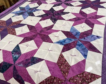Handmade Purple & Lilac Star Quilt, Hand Tied, Purple Bubble Fleece Backing, One of a Kind Throw, Ready to Ship, Free Shipping