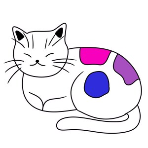 May include: A white cat illustration with black outlines and accents. The cat has a pink, blue, and purple pattern on its back. The cat is lying down with its eyes closed and whiskers visible.