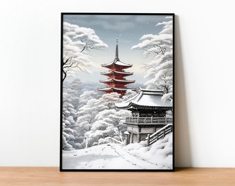 Art mural japonais vintage, une pagode et un bâtiment dans la neige, impression décoration japonaise, affiche de Style Japandi, téléchargement numérique