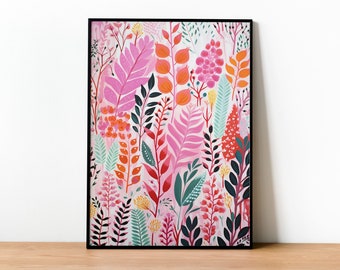 Painting Of Colorful Flowers And Leaves, Floral Wall Art, Bright Botanical Print, Colorful Poster, Retro Flower Market, Digital Download