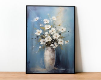 Floral Wall Art, Painting Of Flowers In A Vase On Blue Background, Blue and White Floral Artwork, Flowers Print, Flowers Digital Printable