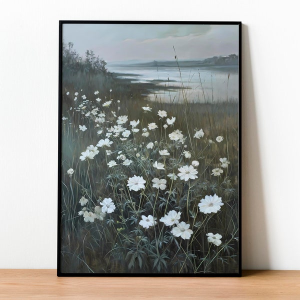 Ethereal Beach Wildflowers Art, Soothing Seaside Print, Digital Coastal Decor, Gentle Ocean Landscape Download