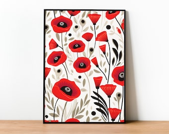 Painting Of Colorful Red Flowers & Leaves, Floral Wall Art, Bright Botanical Print, Colorful Poster, Retro Flower Market, Digital Download