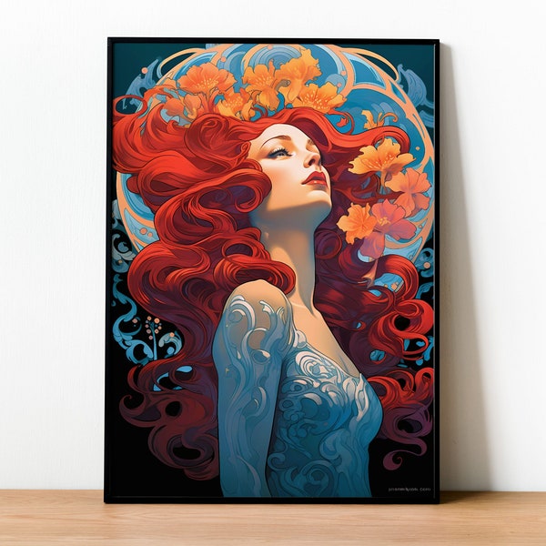 Floral Print, A Woman With Red Hair And Flowers, Art Nouveau, Vintage Wall Art, Digital Download