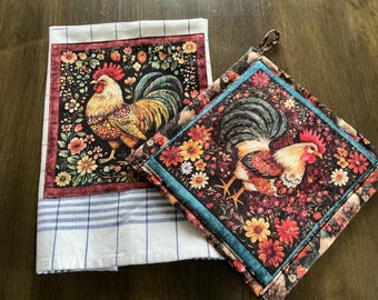 Set di presine e strofinacci da cucina, realizzati a mano in 100% cotone, con motivo a gallo in stile rustico.