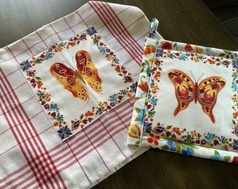 Juego de paños de cocina tipo agarradera, hechos a mano 100% algodón, diseño de mariposa art déco.