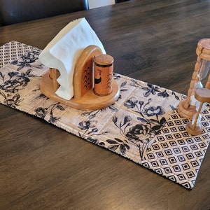 Handmade Table runner reversible quilted traditional style. Black and cream