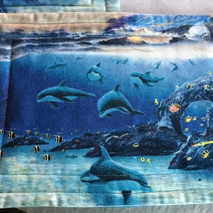 Set of 2 handmade quilted placemats, casserole pad or snack mats. Orca whale ocean life print.