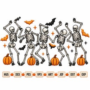 May include: An embroidery design featuring five dancing skeletons in white and black, surrounded by orange pumpkins, black and orange bats, and small orange stars. Below the skeletons, a row of text boxes displays the file formats HUS, XXX, PES, VP3, ART, JEF, DST, and EXP.