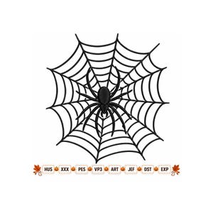 May include: A black embroidered spider and web design featuring eight legs and a central body. Below the web, a horizontal row of text labels reads HUS, XXX, PES, VP3, ART, JEF, DST, and EXP, separated by small orange pumpkin icons.