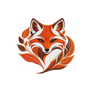 Puede incluir: Un parche bordado que presenta una cabeza de zorro estilizada con pelaje naranja, blanco y marrón. El zorro está rodeado por varias hojas puntiagudas en tonos naranja y marrón, creando un diseño cohesivo con textura de hilo visible.