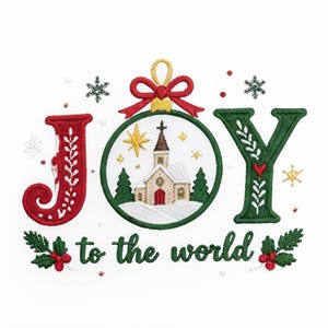 Puede incluir: Un diseño bordado que muestra la palabra JOY con una J roja, una Y verde y un adorno verde central que reemplaza la O. El adorno representa una iglesia en la nieve con árboles y estrellas. Debajo aparece el texto to the world con acebo.