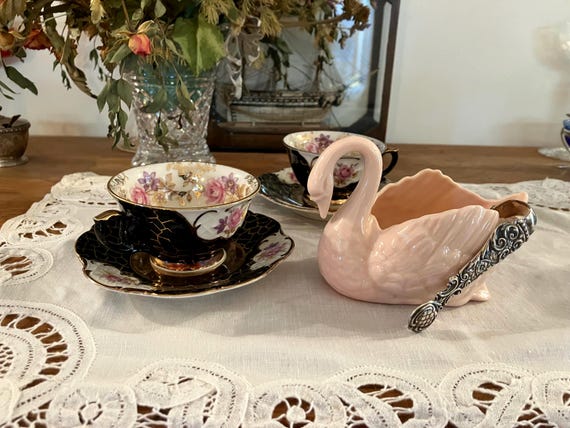 Set of Vintage Pink Lenox Swan Sugar Bowl and Antique Sterling