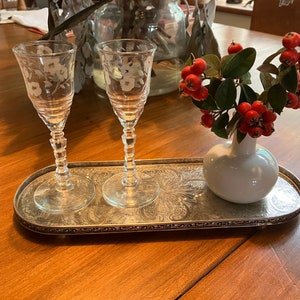 Set of 2 vintage etched liqueur or cordial glasses