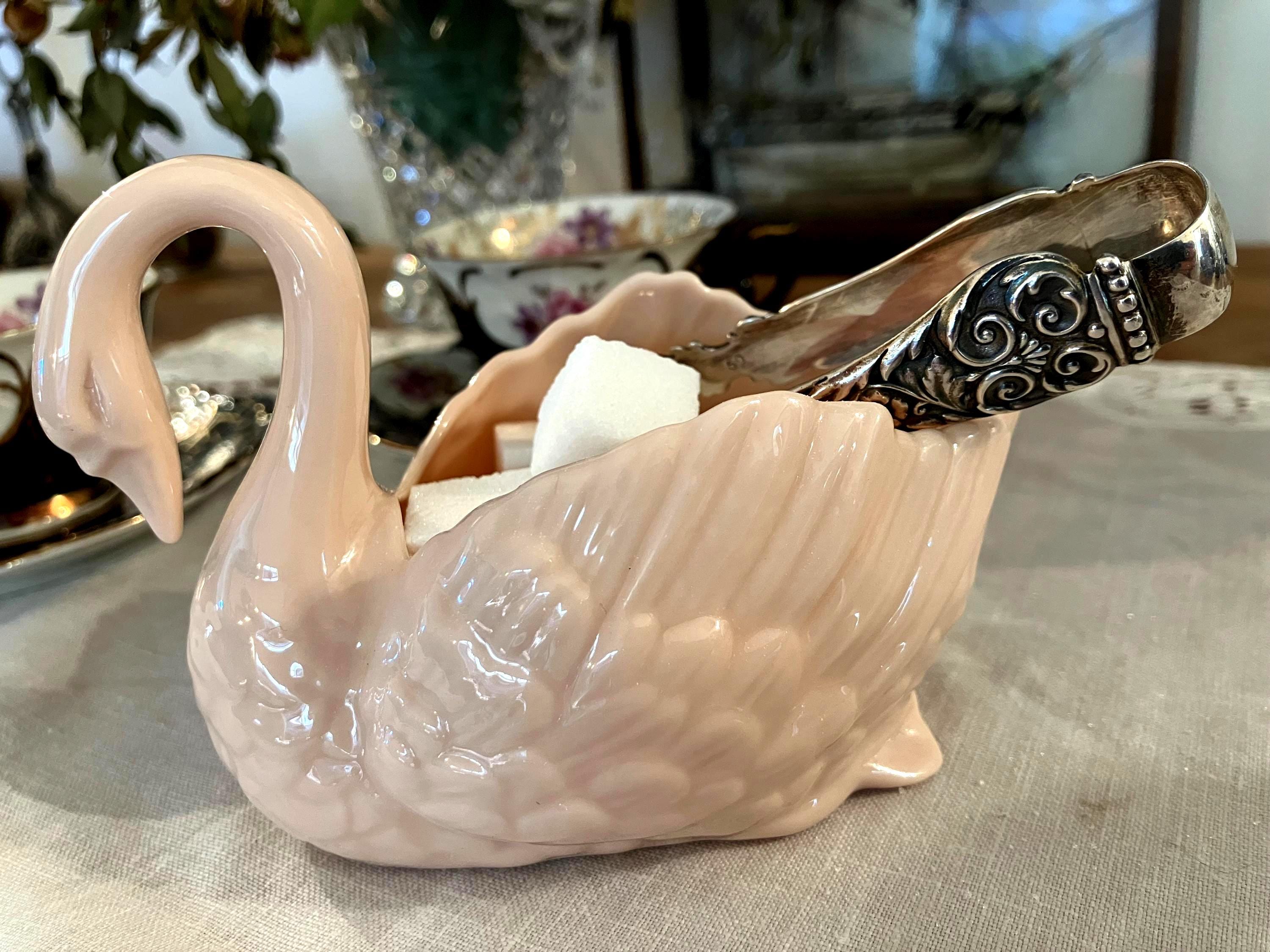 Set of Vintage Pink Lenox Swan Sugar Bowl and Antique Sterling
