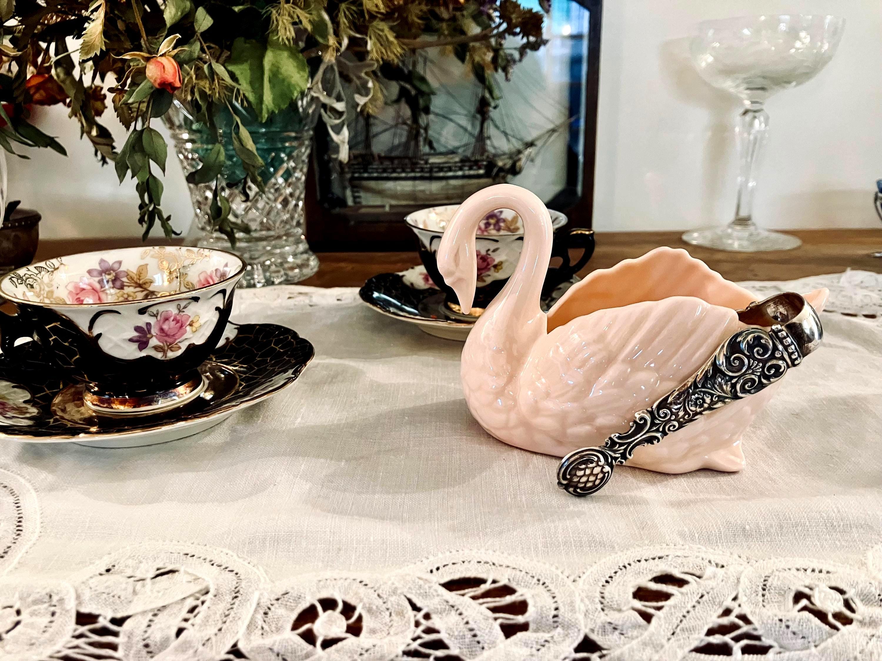 Set of Vintage Pink Lenox Swan Sugar Bowl and Antique Sterling