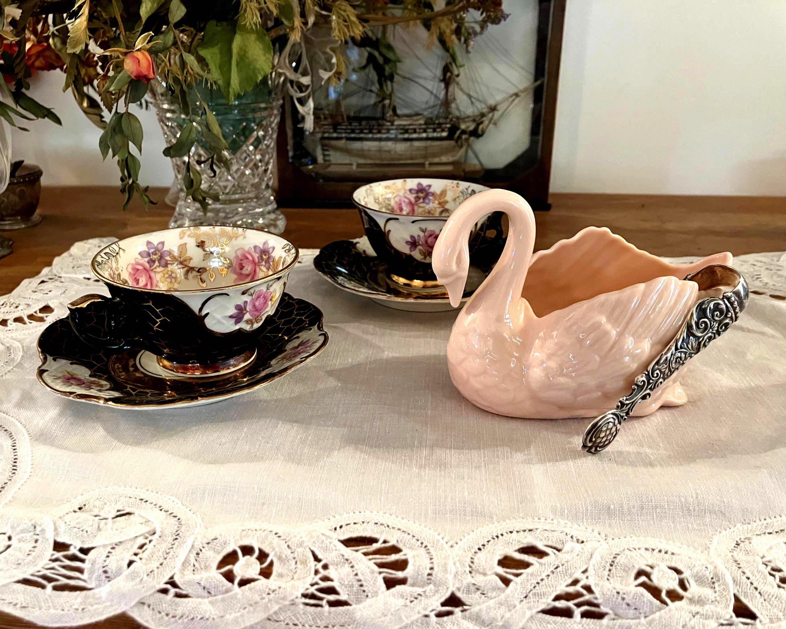 Set of Vintage Pink Lenox Swan Sugar Bowl and Antique Sterling