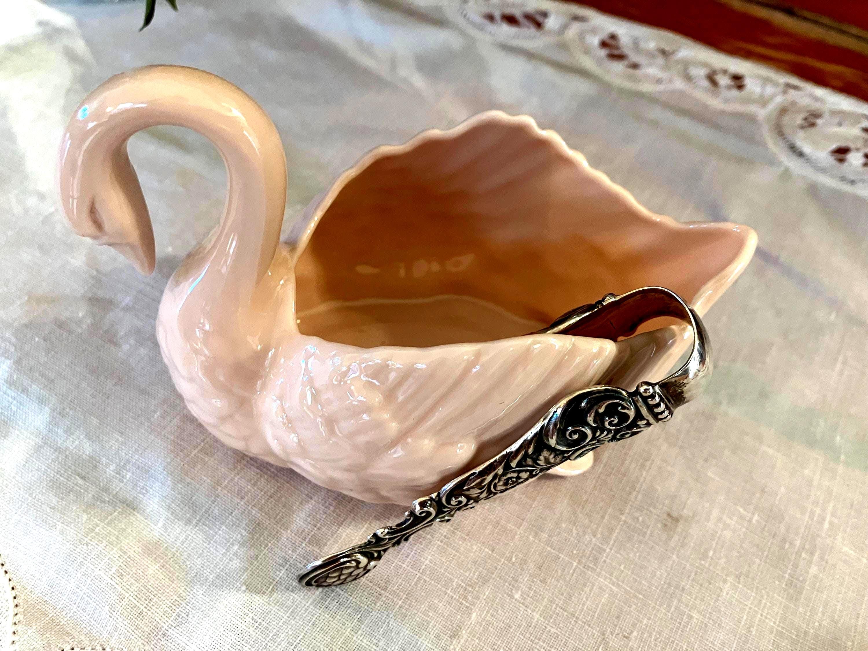 Set of Vintage Pink Lenox Swan Sugar Bowl and Antique Sterling