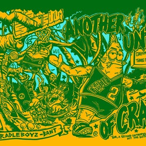 May include: A vibrant, cartoonish illustration in shades of green, yellow, and blue. The artwork features a central character in a basketball jersey with the number 2, surrounded by various figures and text including "ANOTHER UNTAP OF CRADLE!"