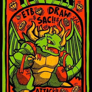 May include: A vibrant illustration featuring a green dragon-like creature with yellow accents, holding a red bag. The artwork includes text that reads "ETB DRAW SAC!! ATTACK!! KORVOLD!!" and is framed with orange and green borders, with diamond and coin graphics.