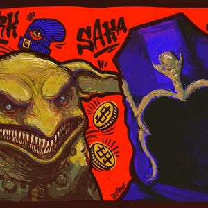 Puede incluir: Ilustración de dos personajes de fantasía sobre un fondo rojo. Un duende verde con dientes afilados y un gorro azul con un ojo está a la izquierda. Una figura con una capa con capucha azul está a la derecha. Monedas de oro con símbolos de dólar están dispersas.