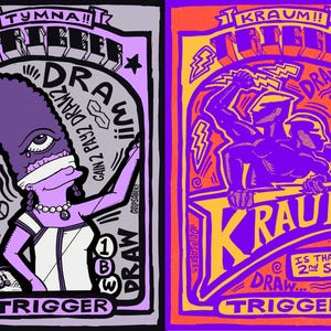 May include: Two colorful illustrations with bold lines and text. The left image features a purple character with the text "TYMNA!!" and "TRIGGER". The right image shows a purple figure with the text "KRAUM!!" and "TRIGGER".