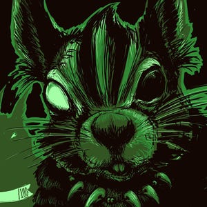 Puede incluir: Ilustración digital en tonos verdes que representa una ardilla estilizada con garras afiladas y una expresión amenazante. La obra de arte incluye la palabra "Chatterfang" en fuente gótica y una pancarta que dice "/100". El fondo es negro.