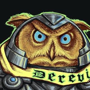 May include: Illustration of an owl warrior with blue eyes, wearing a silver helmet and armor. A yellow banner with the word "Derevi" is across the chest. The background is black with green accents and the artist's logo.