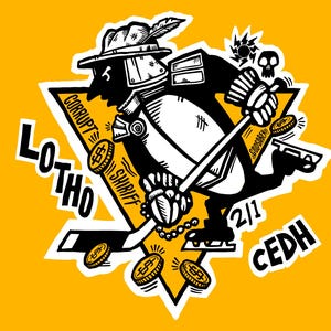May include: A black and white cartoon illustration on a yellow background. The image features a character in a hat and armor, holding a hockey stick and coins. Text includes "CORRUPT", "SHIRIFF", "LOTHO", and "2/1 CEDH".