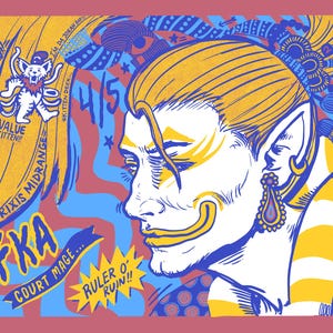 May include: A vibrant graphic print featuring a stylized character with pointed ears and elaborate makeup. The artwork uses a palette of yellow, blue, and red, incorporating text such as KEFKA, COURT MAGE, RULER O' RUIN, and various doodles.