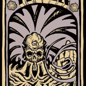May include: A graphic illustration with a black border, featuring a skull-like figure and the words "NECRO TRIBE EXILE TRIGGER". The artwork uses a limited palette of black, cream, and grey, with floral accents.