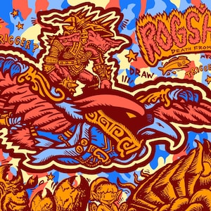 May include: A vibrant illustration with a fantasy theme. A winged creature with a rider is the central focus, rendered in red, orange, and blue hues. The background is a mix of blue and yellow with scattered stars and text elements like "TRIGGER?" and "ROGSHAI".