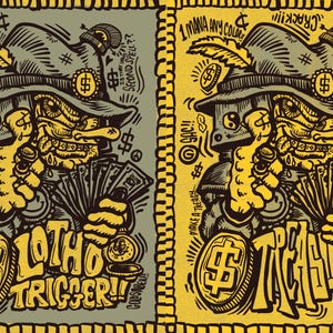 May include: Two cartoon illustrations of a green goblin-like creature wearing a hat with a feather and holding a stack of money. The text "LOTHIO TRIGGER!" and "TREASURE!" is featured on each illustration.