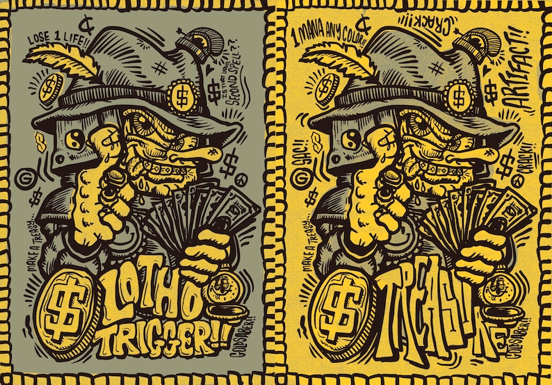 May include: Two cartoon illustrations of a green goblin-like creature wearing a hat with a feather and holding a stack of money. The text "LOTHIO TRIGGER!" and "TREASURE!" is featured on each illustration.